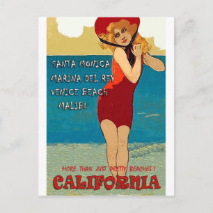 Carte Postale Plages de Californie, femme en maillot de bain rou