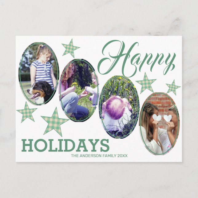 Carte Postale Plaid Green Cream Stars 4 Photo Happy Holidays (Devant)
