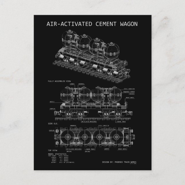 Carte Postale Plan "Blueprint" du train à ciment activé par air  (Devant)