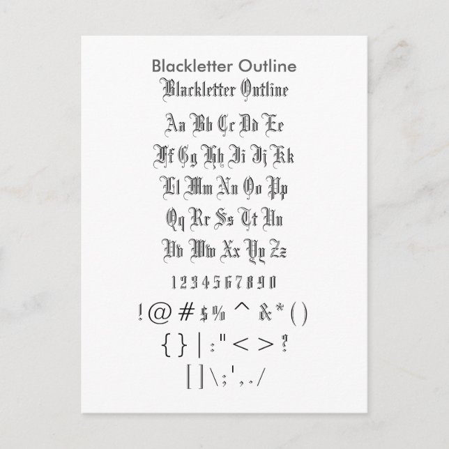 Carte Postale Plan de la lettre noire - Feuille d'échantillonnag (Devant)