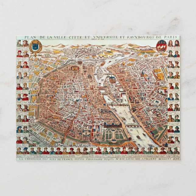 Carte Postale Plan de Paris bordé par une chronologie (Devant)