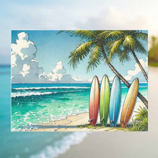 Carte Postale Planches de surf sur la plage Aquarelle et encre (Créateur téléchargé)