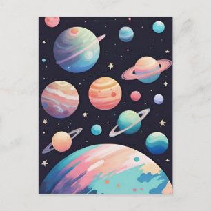 Carte Postale Planètes couleur pastel dans l'espace sombre