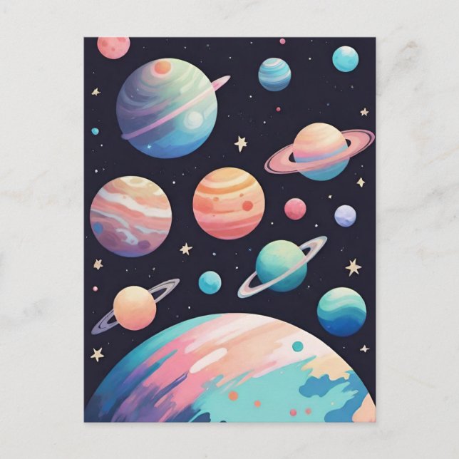 Carte Postale Planètes couleur pastel dans l'espace sombre (Devant)