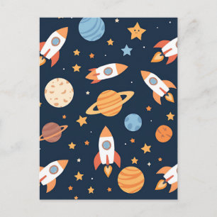 Carte Postale Planètes Fusées Espace Motif Mignon