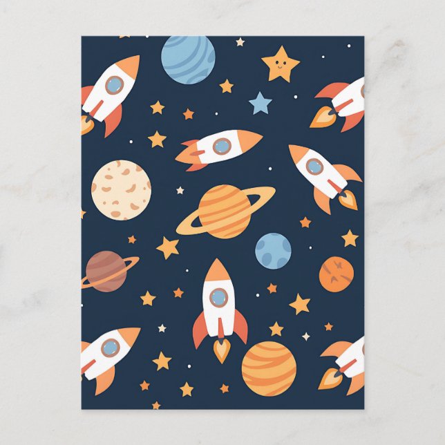 Carte Postale Planètes Fusées Espace Motif Mignon (Devant)