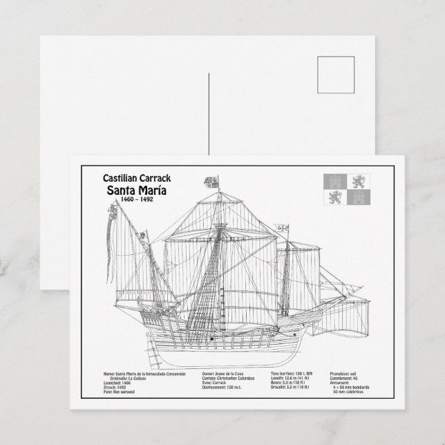 Carte Postale Plans de conception du navire Santa Maria BD (Devant / Derrière)