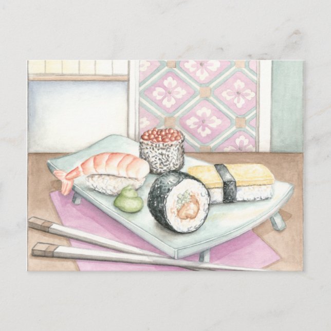 Carte Postale Plaque de sushi assorté avec baguettes (Devant)