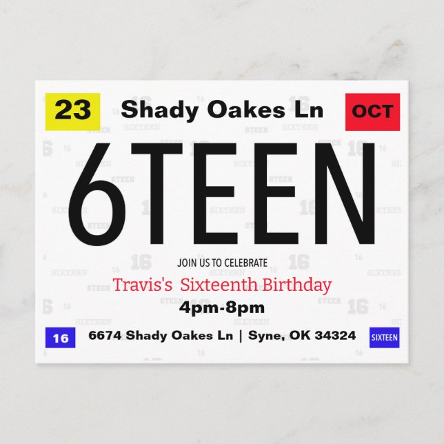 Carte Postale Plaque d'immatriculation pour 16e anniversaire (Devant)