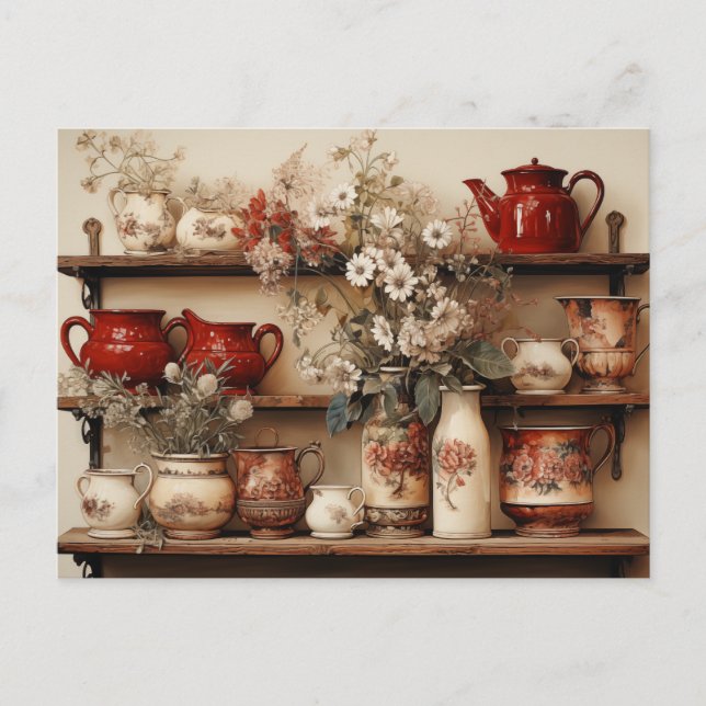 Carte Postale Plats Rouge Blanc Café Pot Creamer Sucre Daisers (Devant)