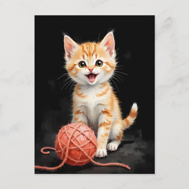 Carte Postale Playful Kitten Cat with Yarn Watercolor Print (Devant)