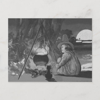 Carte Postale Pleine lune Cauldron Chat Noir Sorcière Monochrome