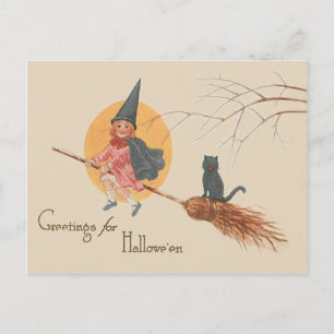 Carte Postale Pleine lune de chat noir pour sorcière volante