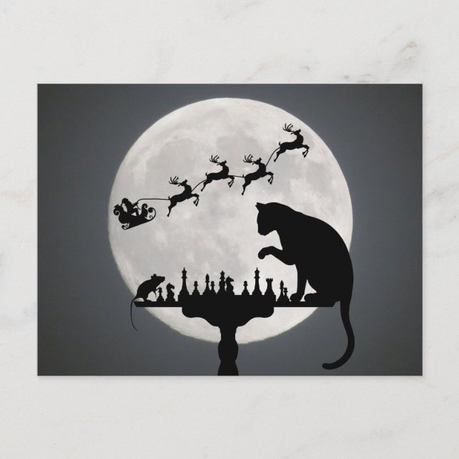Carte Postale Pleine lune d'échecs Chat n souris Merci de Noël (Devant)