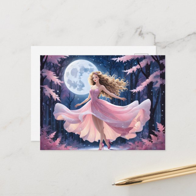 Carte Postale Pleine lune fille en robe rose (Devant/Arrière en situation)