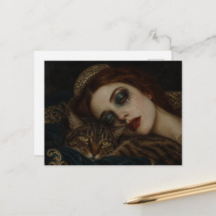 Carte Postale Pleurer avec son chat La reine au lit