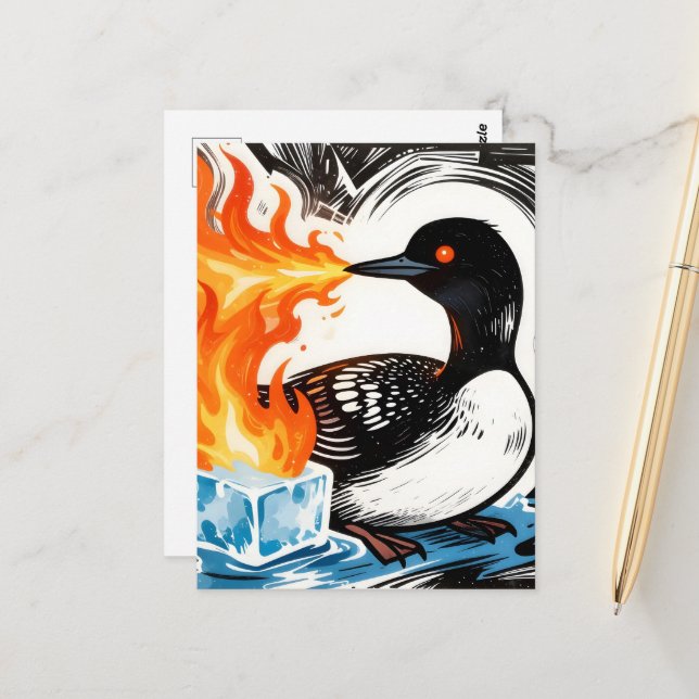 Carte Postale Plongeon vomissant du feu et faisant fondre la gla (Devant/Arrière en situation)