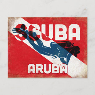 Carte Postale Plongeur Aruba - Blue Retro