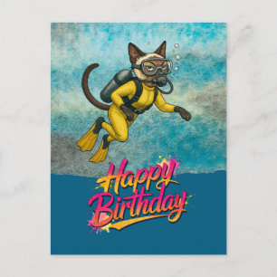 Carte Postale Plongeur en scaphandre plongée chat joyeux anniver