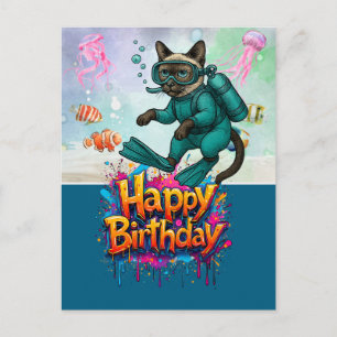 Carte Postale Plongeur en scaphandre plongée chat joyeux anniver