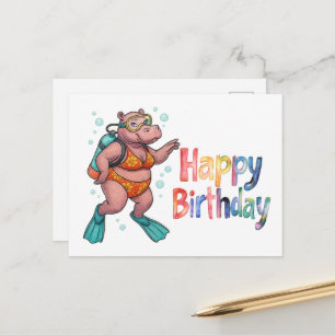 Carte Postale Plongeur hippopotame sous l'eau Joyeux Anniversair