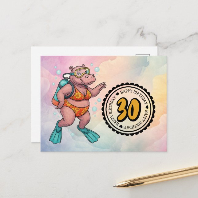 Carte Postale Plongeur scaphandrier hippopotame 30e anniversaire (Devant/Arrière en situation)