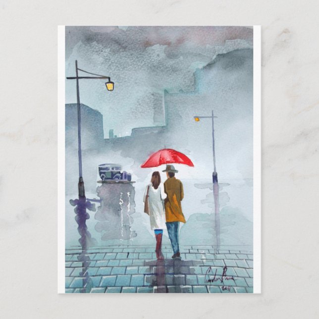 Carte Postale Pluie jour romantique couple rouge parapluie (Devant)