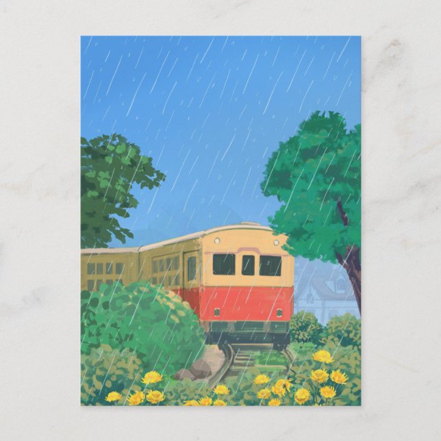 Carte Postale Pluie romantique Anime et train (Devant)