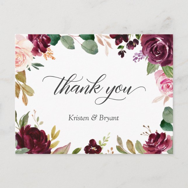 Carte Postale Plum Purple Blush Floral Mariage Merci (Devant)