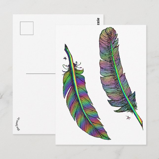 Carte Postale Plumes arc-en-ciel (Devant / Derrière)
