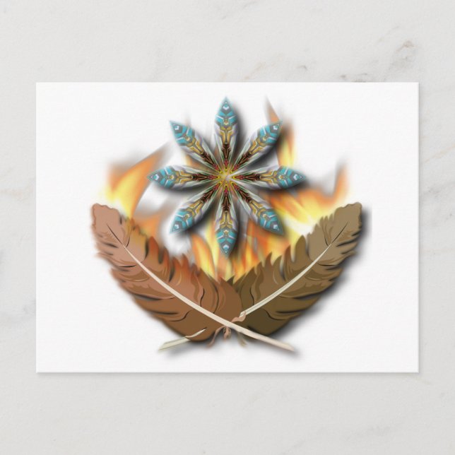 Carte Postale plumes de buse à queue rousse autochtone et flamme (Devant)