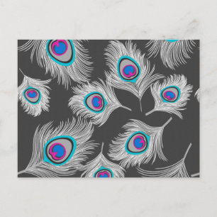 Carte Postale Plumes de paon Gris Argent / Grises sur Gris Foncé