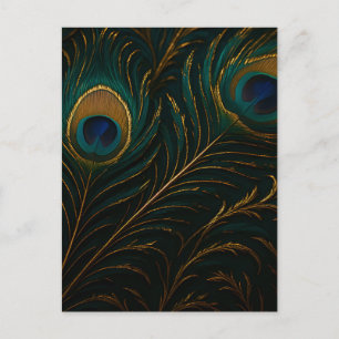 Carte Postale Plumes de Paon Luxueuses Motif Sarcelle Doré