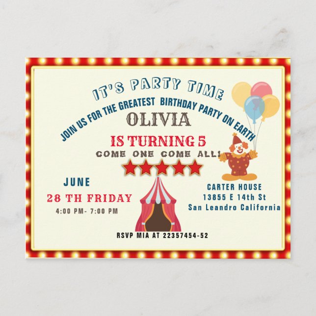 CARTE POSTALE PLUS GRANDE FÊTE D'ANNIVERSAIRE 5 ANS THÈME CIRQUE (Devant)