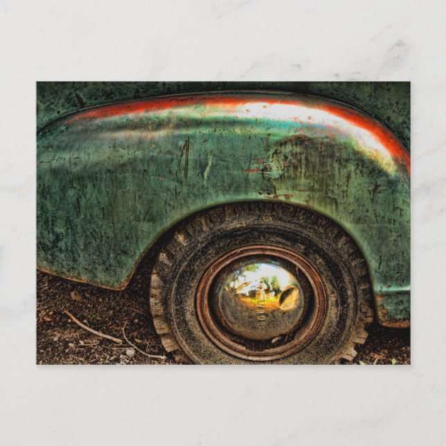 Carte Postale Pneu de Camion Vieux Vert Rusty Grungy Pneu Hubcap (Devant)