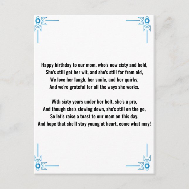 Carte Postale Poème drôle pour la 60ème femme (Devant)