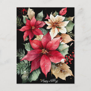 Carte Postale Poinsettia Holly Berry Rouge Blanc Fleur Noël