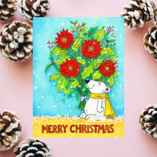Carte Postale Poinsettia Joyeux Noël Ours