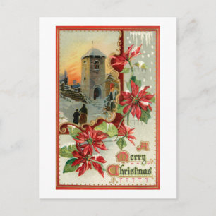 Carte Postale Poinsettias vintages, église et voeux de Noël
