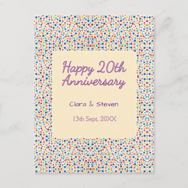 Carte Postale points de polka arc-en-ciel 20e anniversaire viole (Devant)