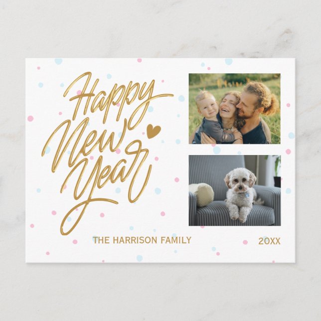 Carte Postale Pois Deux photos Calligraphie du Nouvel An (Devant)