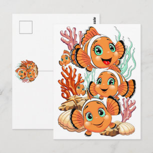 Carte Postale Poisson clown Dessin animé mignon Famille Sous l'e