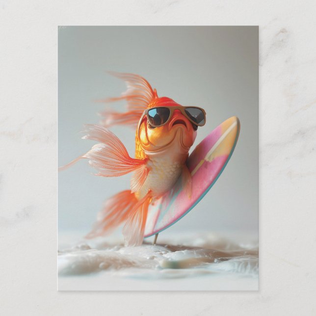 Carte Postale Poisson d'or cool surfant sur une vague (Devant)