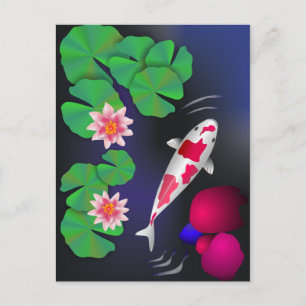 Carte Postale Poisson japonais Koi, Fleurs de Lotus et Lys d'eau