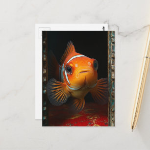 Carte Postale Poisson rouge dans une boîte bleue sur un oreiller