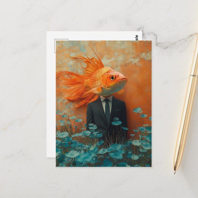 Carte Postale Poisson rouge en costume (Devant/Arrière en situation)