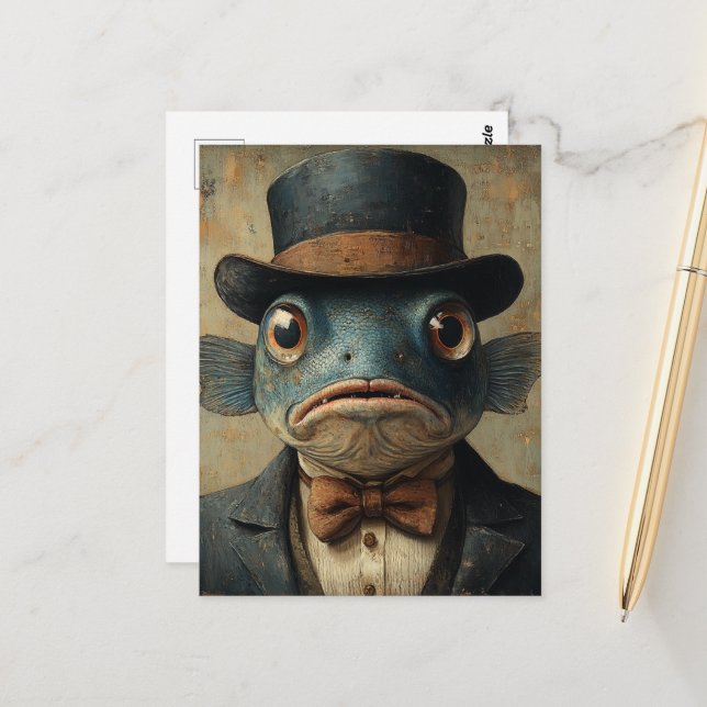 Carte Postale Poisson surréaliste en costume (Devant/Arrière en situation)