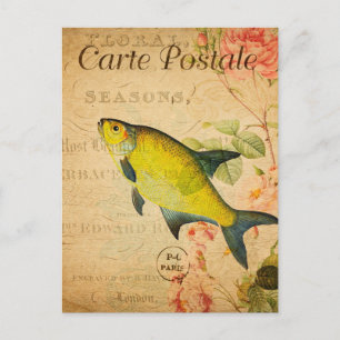 Carte Postale Poisson vintage à brème jaune Floral Français