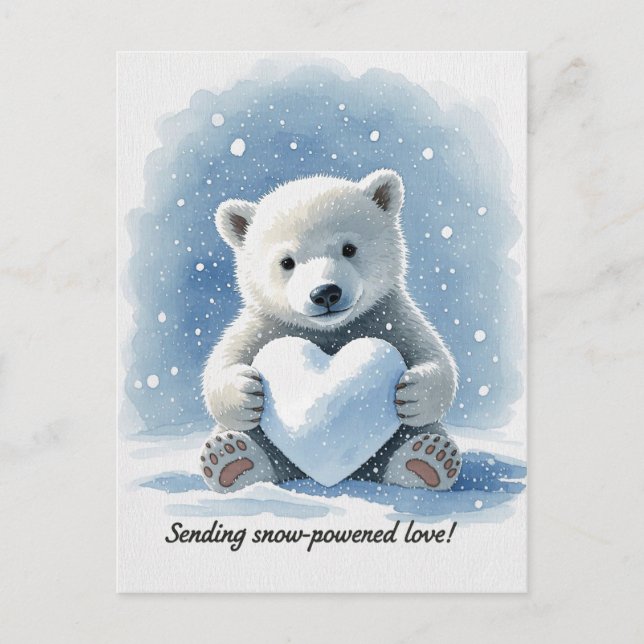 Carte Postale Polar bear in the snow with heart shaped snowball (Devant)