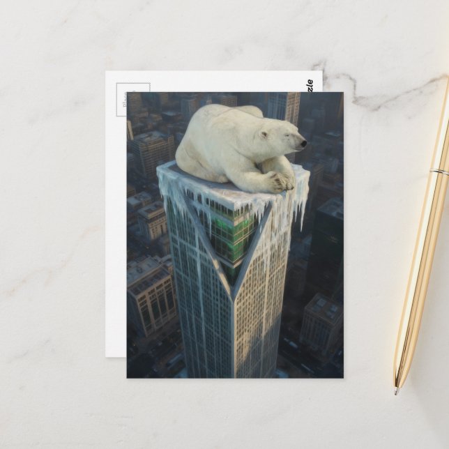 Carte Postale Polar Bear on Skyscraper melting ice surreal  (Devant/Arrière en situation)